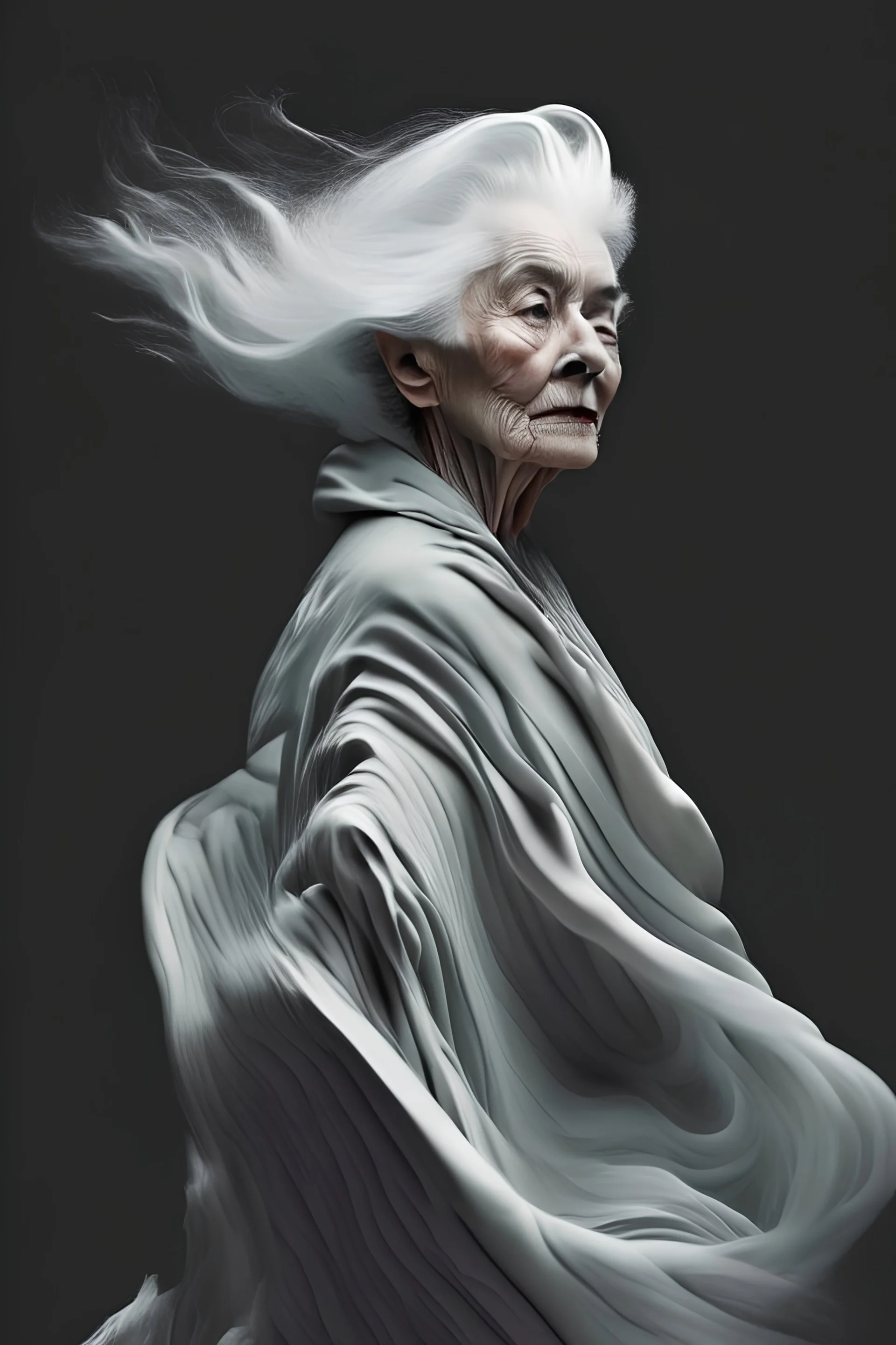 a photo of a woman with grey hair and grey flowing robe, in style of Alfred Stieglitz, contemporary portrait of a mature yet beautiful and modernist woman, black and grey, detailed feminine face, swirling fluid smokey enigma,award-winning artwork