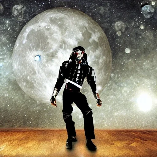 cyborg one man band, full moon background center large, steampunk style, horizontal image, 3d, hd