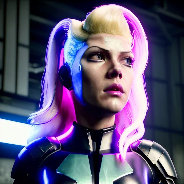 Actress, young Katheryn Winnick, android woman, circuits in face, glow painted face, shaved hair, ghost in the shell, leather coat, cyber punk, neon, army, bamboo, blood, portrait, gradient color background, unreal engine 5, soft color, 16 bit, god lights, ray tracing, RTX, lumen lighting, ultra deatail, volumetric lighting, 3d, finely drawn, hd.