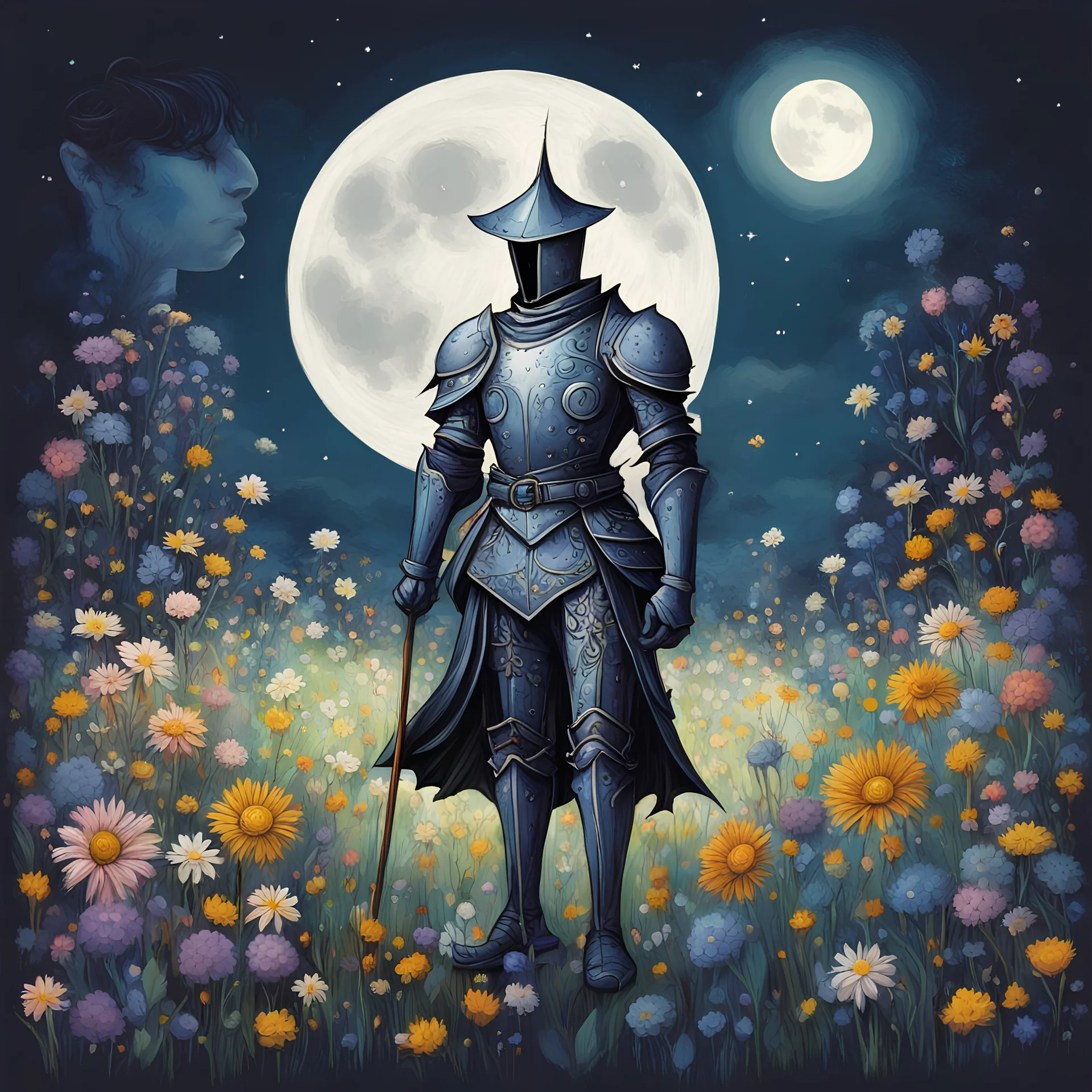 moonlight knight field of flowers in eclectic art style