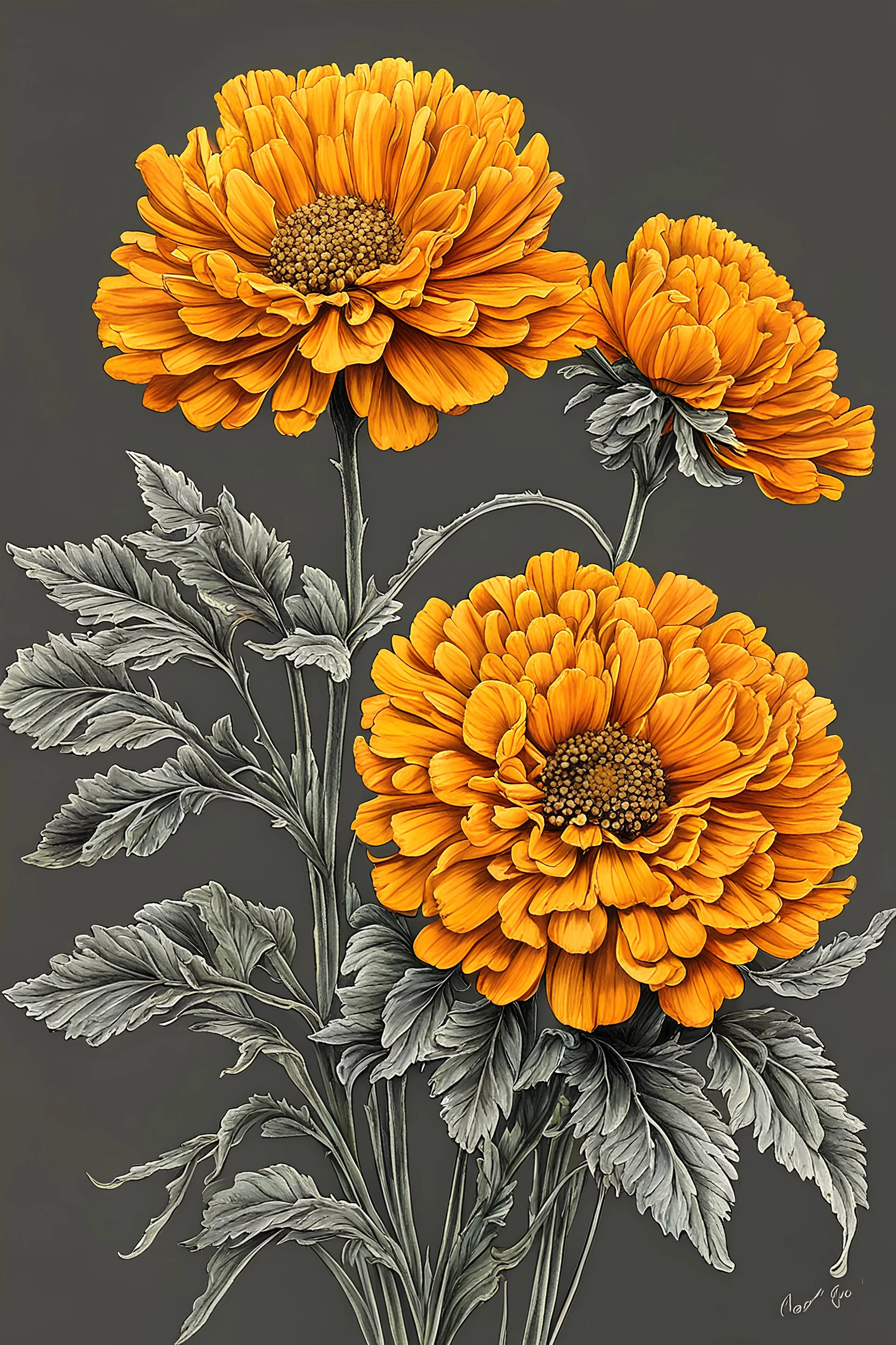 Marigold birthflower line art, paintin, with both realistic hues orange and yellow, realistic painting
