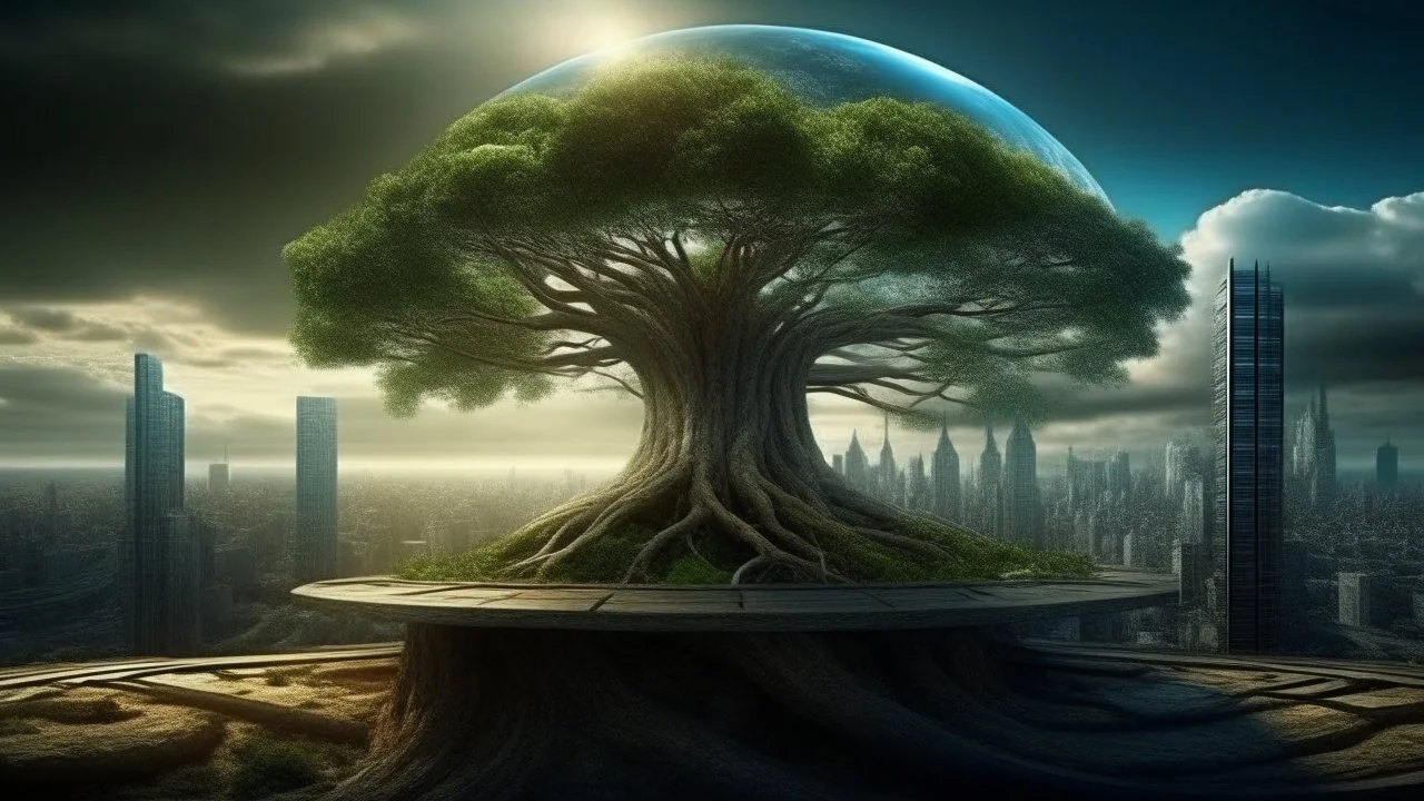 the last tree on earth, portal to other dimension near the tree on the left, city of the future year 4222, very realistic,