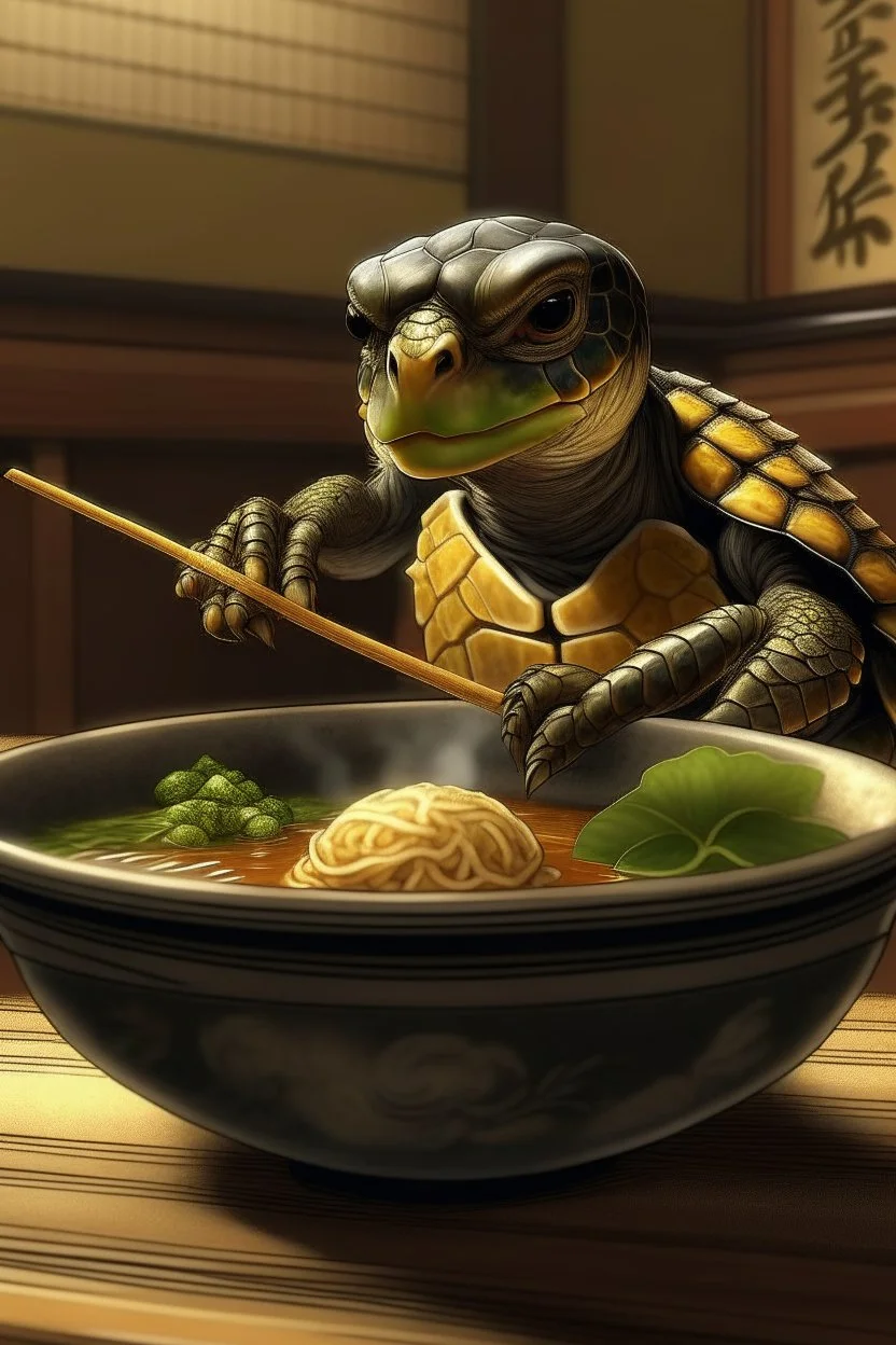 Photo realistic picture of turtle eating a bowl of ramen while in Mexico.