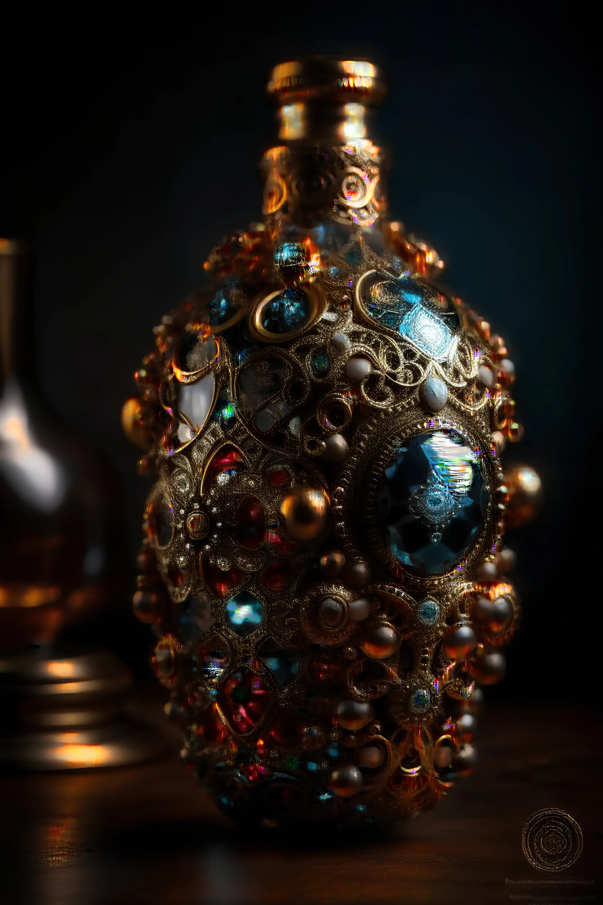 A beautiful voidcore shamanism biomechanical subtitle 2024 on achampagne bottle with a tex subtitle t 2024 n it, with christmas metallic filigree gothica ornaments around ribbed with aae stones and azurit mineral stone metallic steampunk filigree Golden voidcore shamanism rose on christmas ornaments christmas athmospheric organic bio spinal ribbed detail of bokeh decadent gothica christmastree and lights backround and bokeh christmas gothic ornaments around extremely detailed hyperrealistic