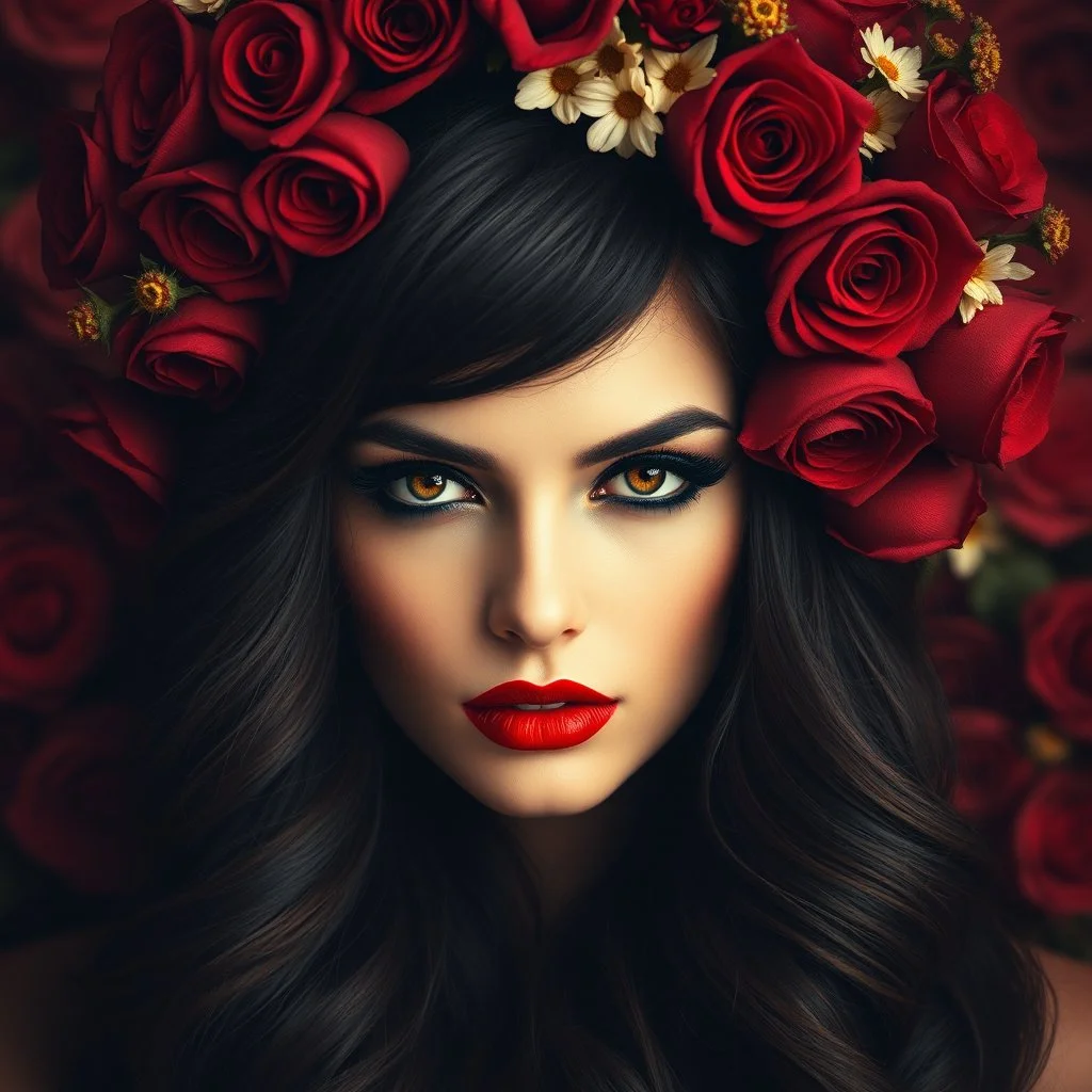 The focal point is a woman's face, adorned with dramatic makeup, particularly her vivid red lips. Her gaze is intense and captivating. The woman's hair is styled into an elaborate floral crown featuring deep red roses and other flowers, creating a halo-like effect around her head. This crown melds with her dark hair, which frames her face elegantly. What's particularly striking is the surreal, layered quality of the image. The woman's body seems to merge with or emerge from a background rich wit