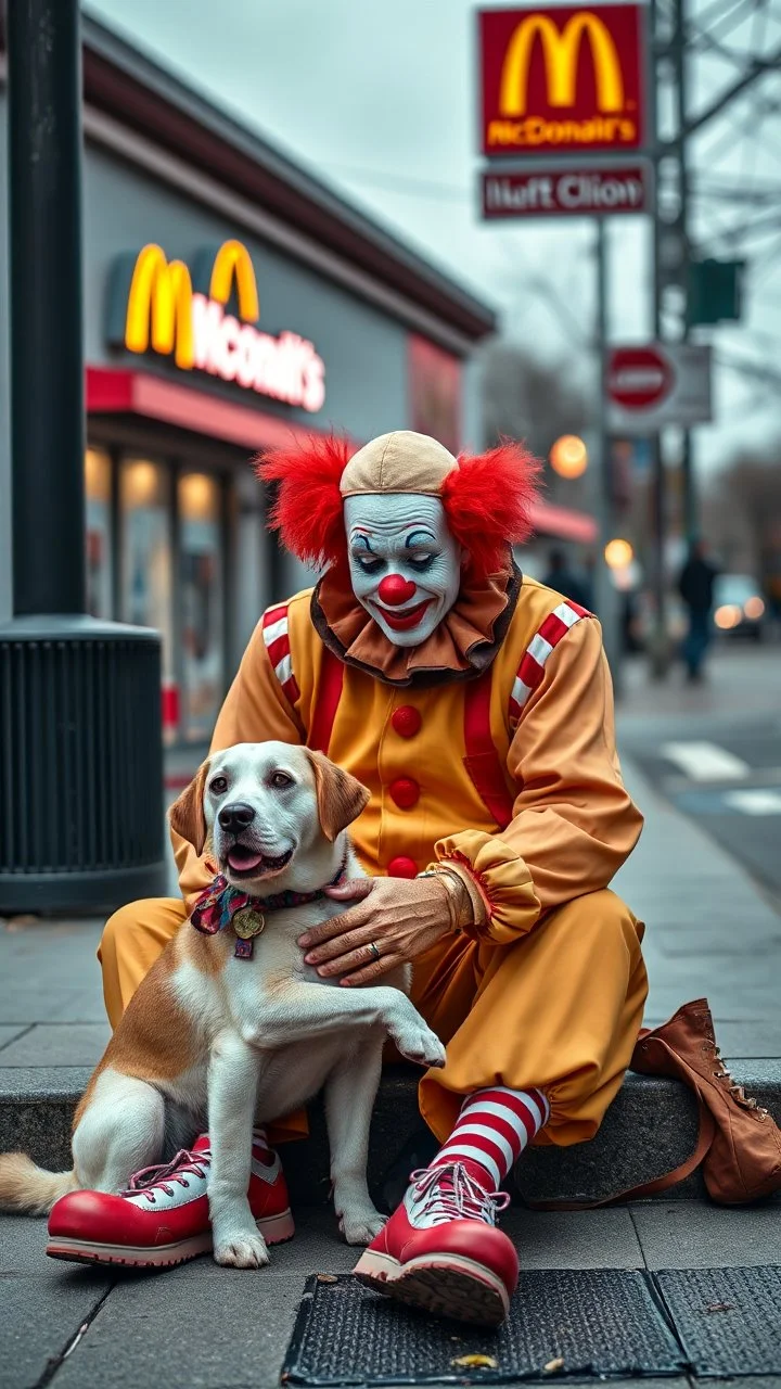 A sad homeless clown sitting with his dog in the street McDonald’s clown