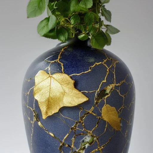 photo of a cracked ceramic vase repaired with gold, kintsugi, beautiful, vines and leaves, rosebuds, delicate, cinematic, high detail, beautiful composition, delicate arrangement, aesthetic, soft lighting, award winning photography, tender