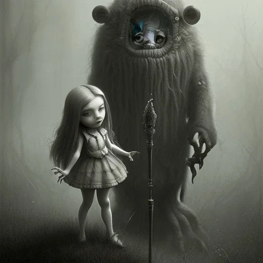 cute girl and litlle monster, Style John Kenn Mortensen,