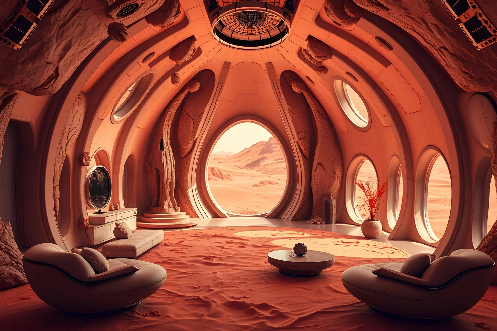 A spectacular interior inside a house with futuristic architecture on the planet Mars, using the Dune color palette, Photo realistic