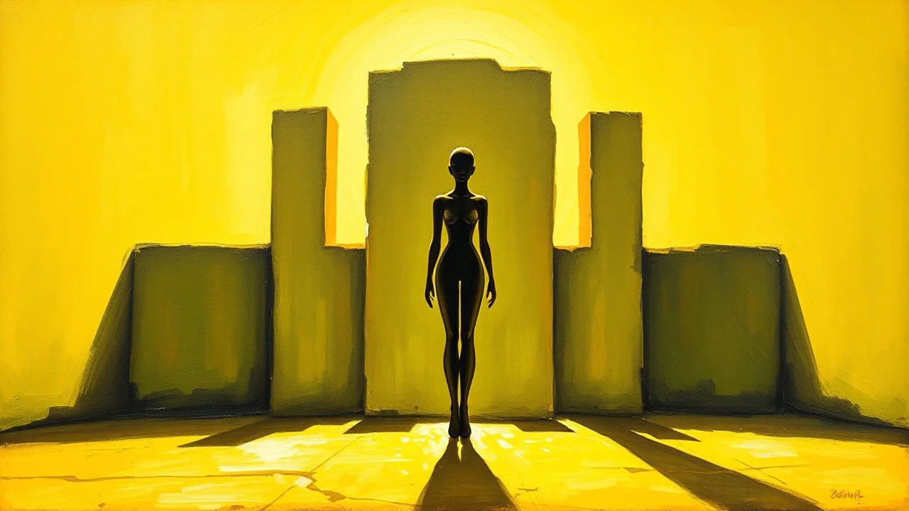 (forbidden fruit:)a painting of three people standing next to each other, an acrylic painting, trending on cg society, yellow and limegreen color scheme, monoliths, siluettes, in a row, detailled light, group of people, trending on artstion, female forms, smoldering, suns, chambers