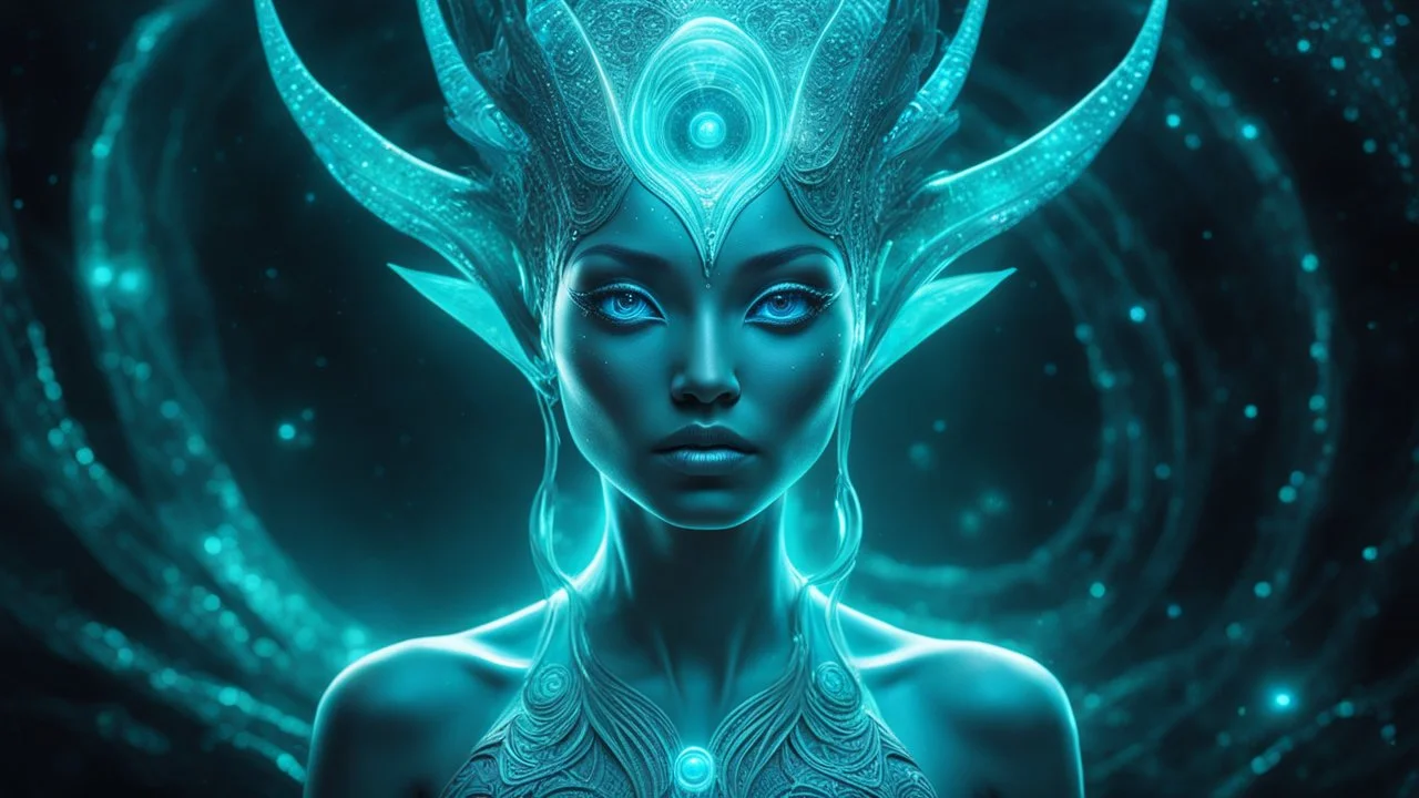 The photo features a bioluminescent and bioluminescent art style depicting a divine female alien god. Bioluminescent moist translucent glowing skin, ethereal glowing eyes, extra long neck, medium front third eye, large head fins and ear fins show off a charming, perfect face in ultra-realistic detail. The composition imitates a cinematic film with dazzling, gold and silver lighting effects. Intricate details, sharp focus, crystal clear skin create high detail.