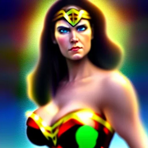 ultra detailed portrait of busty beautiful Wonderwoman , wearing a bikini plate armor, extremely detailed digital painting, extremely detailed face,crystal clear green eyes, in the style of robert e howard and pablo oliveira and Ken Kelley and Gustav Klimt ,mystical colors,perfectly centered image, perfect composition, rim light, beautiful lighting,8k, stunning scene, raytracing