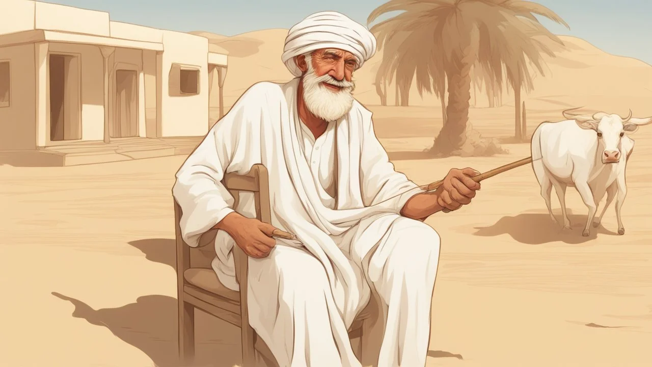 Old man, Arab, turban, white clothes, cattle, desert, council, sun, palm trees, mud houses, holding a stick, looking forward, a very slight smile.cartoon,Sitting on a chair,long beard,Mouth slightly open,Realistic features, portrait