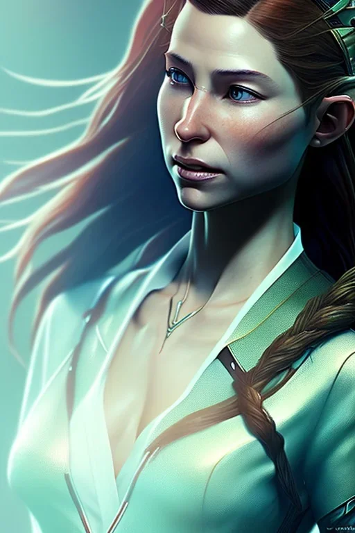 Tauriel, by Cedric Peyravernay, complete full body in frame, delicate traits, symmetric eyes