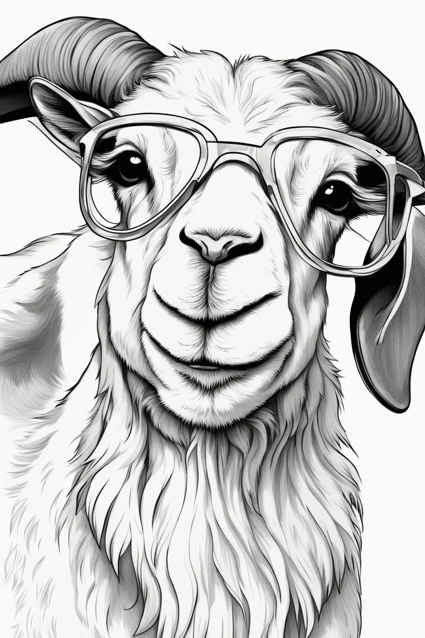 Outline art for cute coloring pages with goat with glasses, full body, white background, sketch style, only use outline, clean line art, no shadows and clear and well outlined.