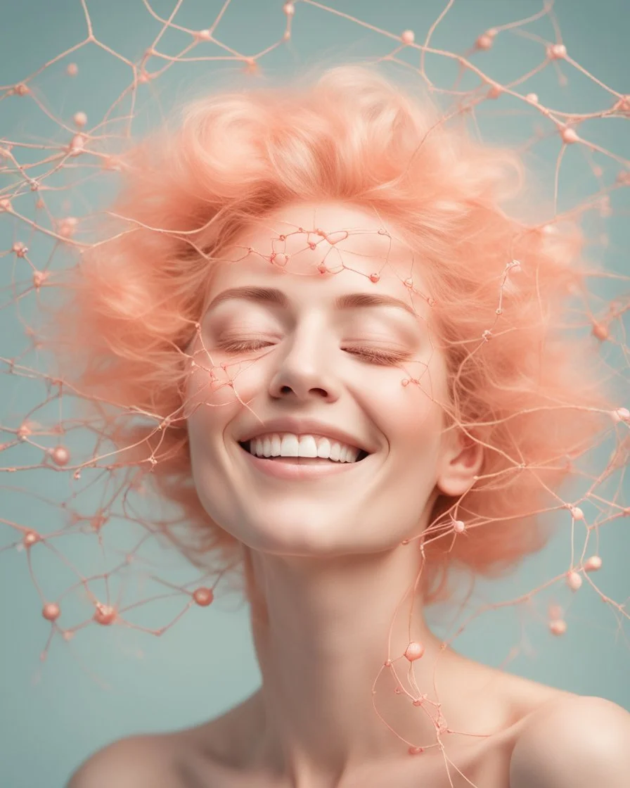 a woman smiling face, close eyes, pastel peach colors, neuron molecule hair thread imitation