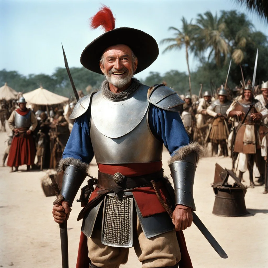 [high res photo by Gilligans Island] elder Don Quixote smiles, ready to fight with his tourney lance, in dust, rust and blood, his body is covered with cartridge belts