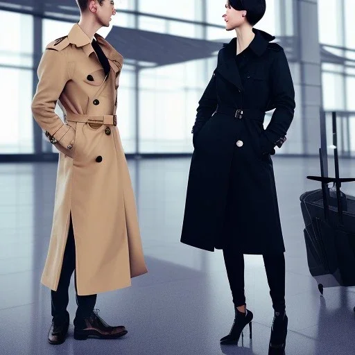 A tall slender young woman with short hair and a black trench coat passionately embraces her lover at airport