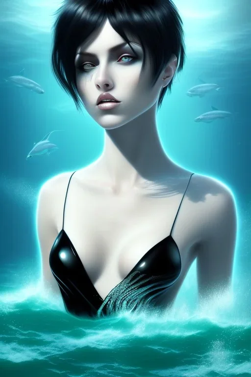 black hair muse with white top in the ocean