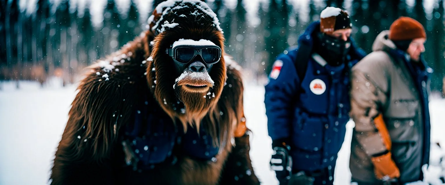 close up documentary photography, Yeti, Bigfoot, Dystopian, Japanese, Extreme depth of field, bokeh blur, winter, blizzard, Alberta, all-natural, in the style of candid, imperfection, natural lighting, Professional shot, shot on Agfa, Fuji Film, Anamorphic lens, 1980s, --ar 4:5 --w 150 --style raw