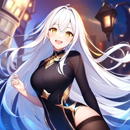 girl, masterpiece, best quality, volumetric lighting, detailed outfit, perfect eyes, white hair, golden eyes, long hair, black stockings, laughing,