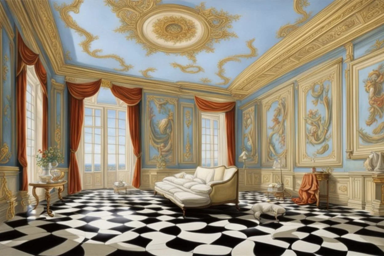 a palatial room with illusions, sceneries, perspectives by artist "Trompe L'Oeil"