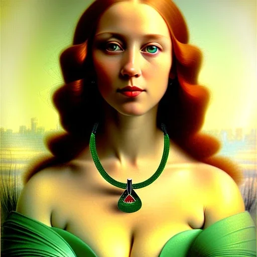 oil Portrait of a redhead beautiful busty voluptous adult woman with emeralds necklace with big green sad eyes looking to viewer by GRANT WOOD Ingres 8k