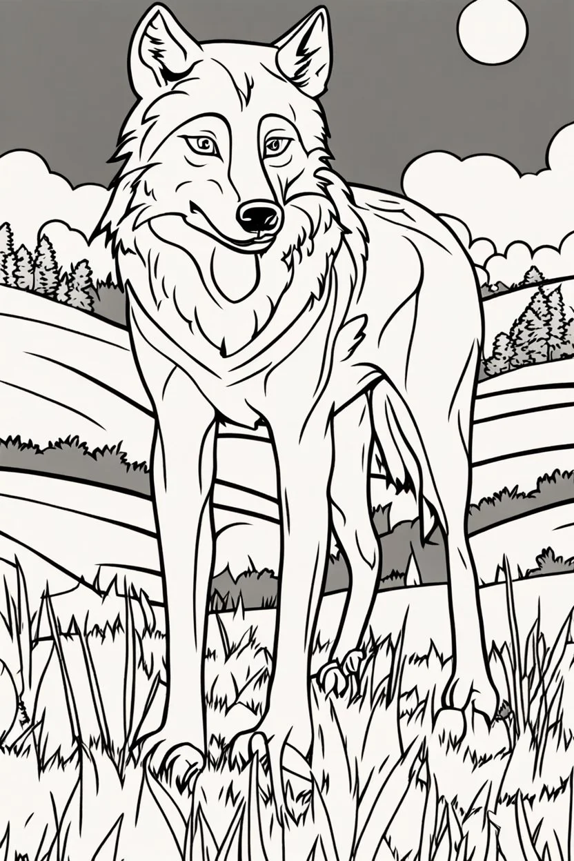 kids coloring page, wolf in a field, cartoon style, thick lines, very low detail, no shading