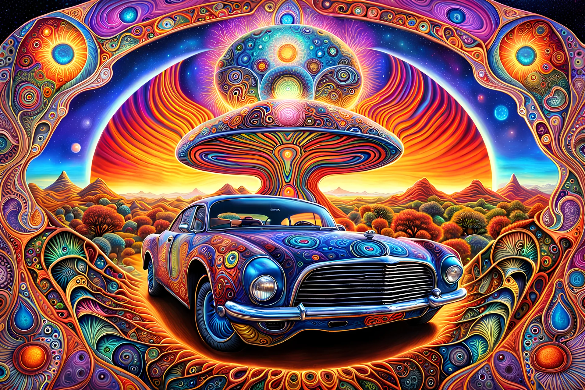 STICKER Beenz Car Psychedelic African Flat Surreal DMT Dimension with vibrant and kaleidoscopic visuals, otherworldly landscapes, intricate geometric patterns, ethereal beings, cosmic energy, glowing fractals, immersive depth of field, cinematic lighting, masterful digital painting by Alex Grey and Android Jones, 8k resolution,