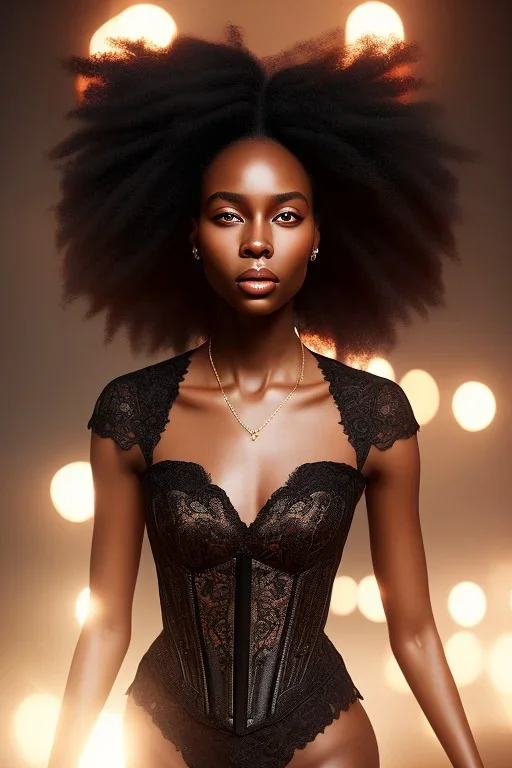 A portrait of a beautiful youthful black woman, wearing a lace black corset, long black hair, wizard, magical, ethereal, intricate bright lighting. Concept art by wlop. Ultra quality 8k.