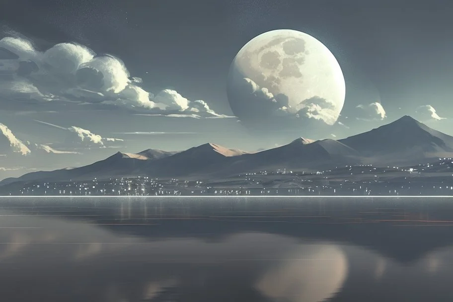 moon, clouds, distant modern contemporary city, lake, sci-fi, boat, epic