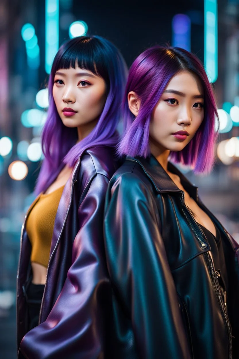 realistic photo from A stunning night scene featuring two Asian women with purple hair standing close to each other posing on the street at night . A cyber city street visible in the background. high detailed, night lights, sharp focus, blur background