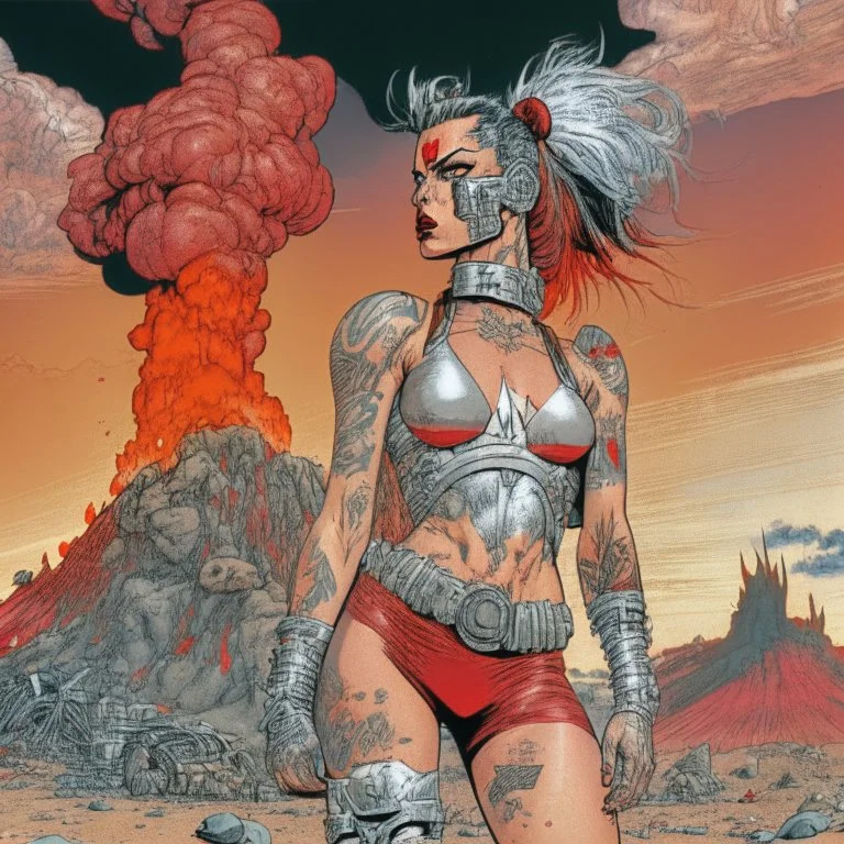 Una mujer egirl con tatuajes fittnes en armadura plateada futurista en un estilo de comic de 1980 en un wasteland en montevideo con un volcan rojo.