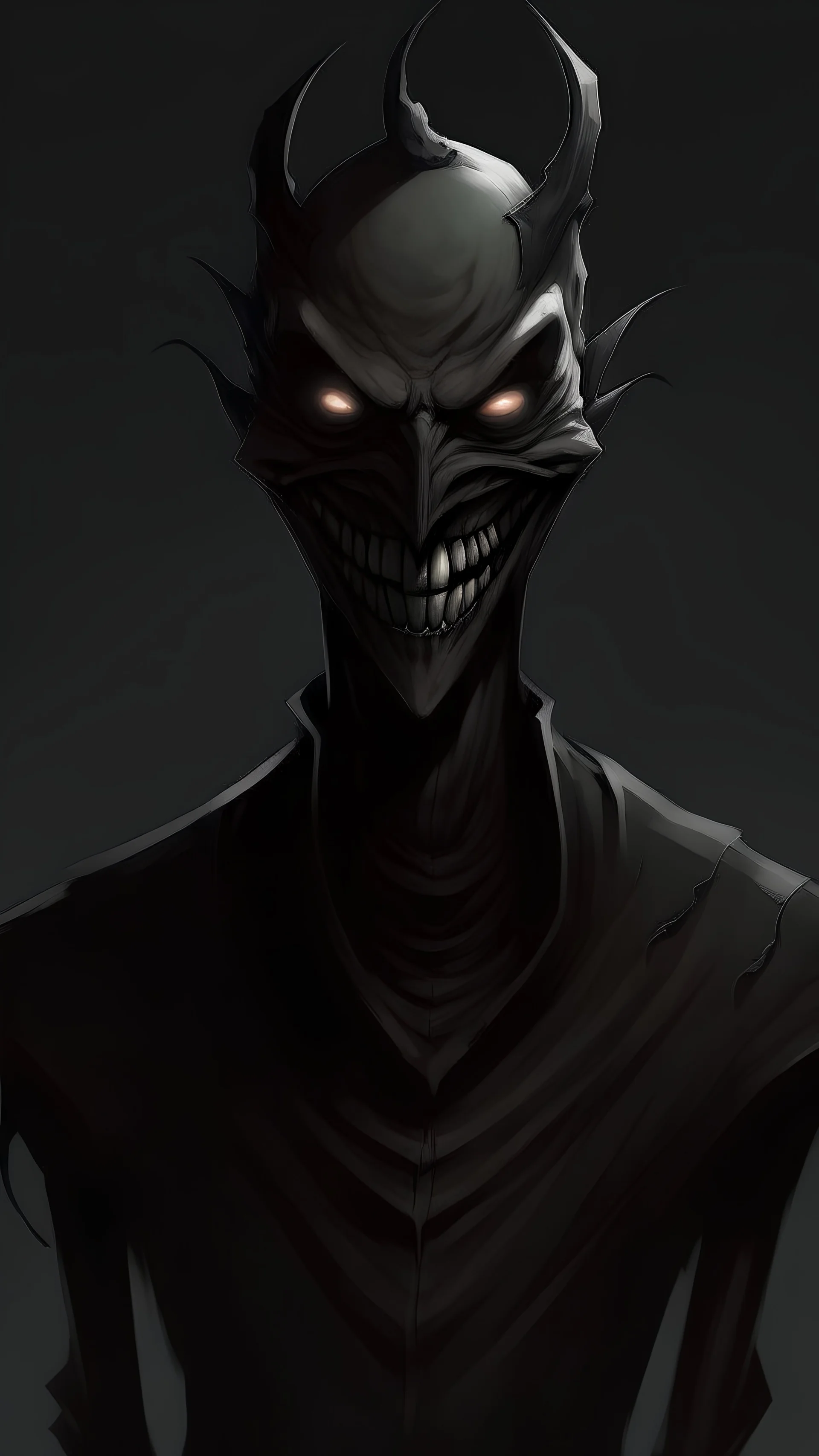 Realistic anime art style. A completely dark shadow humanoid figure with a wide sharp grin. No features apart from very basic aspects are seen