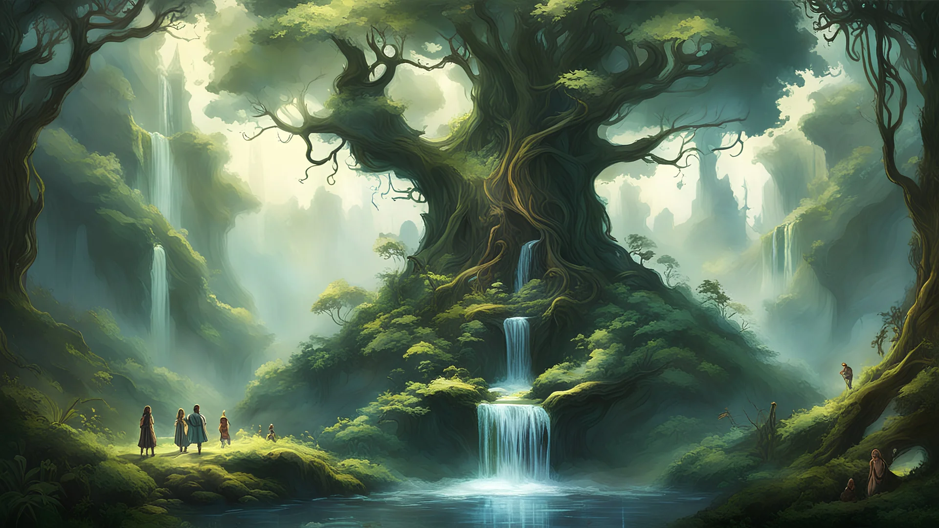 Digital art in HD depicts the realm of Tir na nÓg in Ireland, with a dense, ancient forest surrounding a tranquil fountain shimmering with iridescent hues. Ethereal faeries dance amidst the lush greenery, inviting players on a journey filled with wonder and adventure.