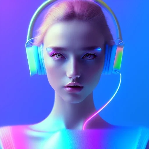 woman teenager, headphones, retro futuristic, Bang & Olufsen, leather dress, gradient color, BLUE, PINK, CYAN, neon, insanely detailed, 16k resolution, perfect eyes, cinematic smooth, intricate detail