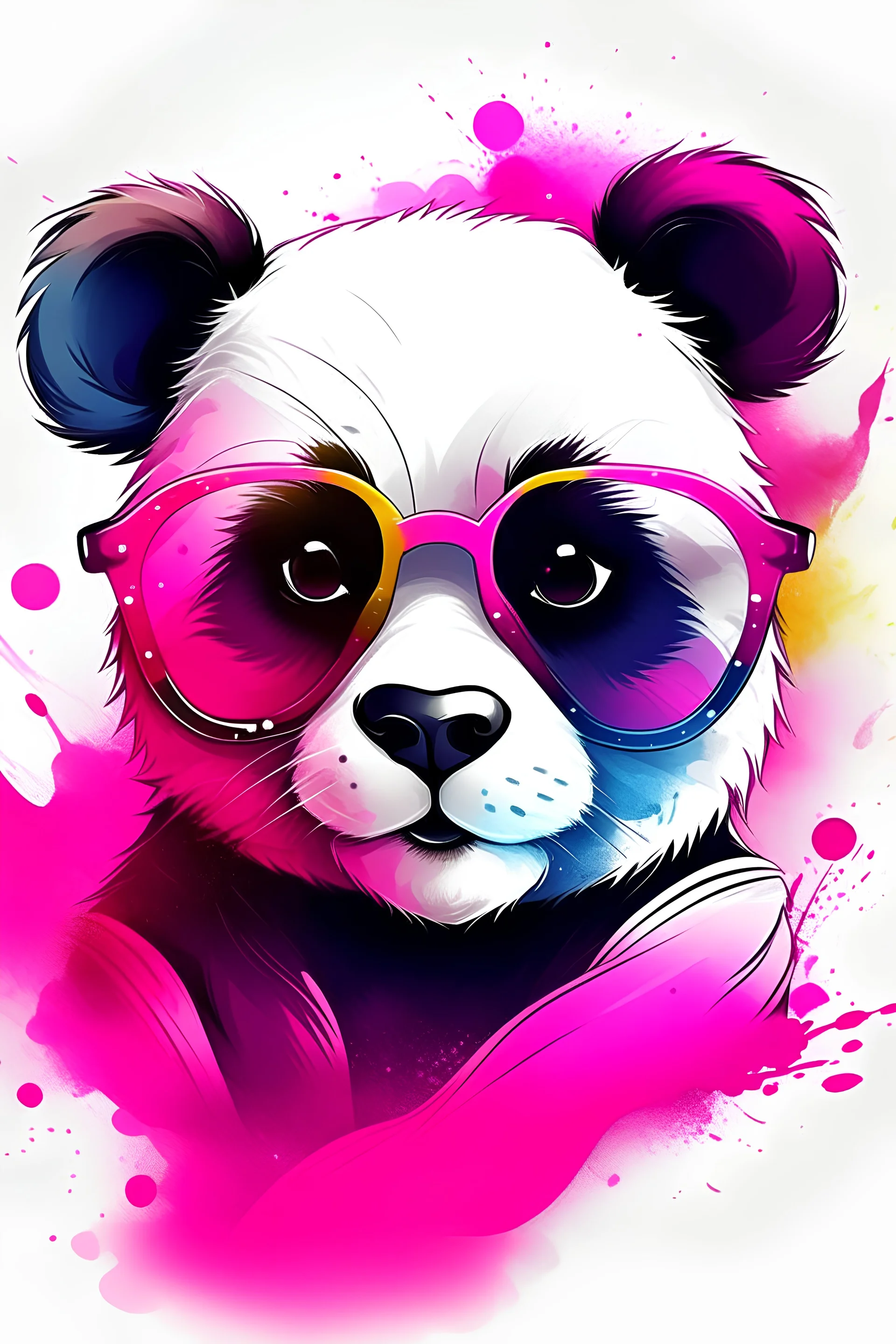 A detailed illustration of a print of a colorful cute panda wearing sunglasses , fantasy splash, modern t-shirt design, in the style of Studio Ghibli, light white and pink pastel tetradic colors, 3D vector art, cute and quirky, fantasy art, watercolor effect, bokeh, Adobe Illustrator, hand-drawn, digital painting, low-poly, soft lighting,, isometric style, retro aesthetic, focusedon the character, 4K resolution, photorealistic rendering, usingCinema 4D, headshot