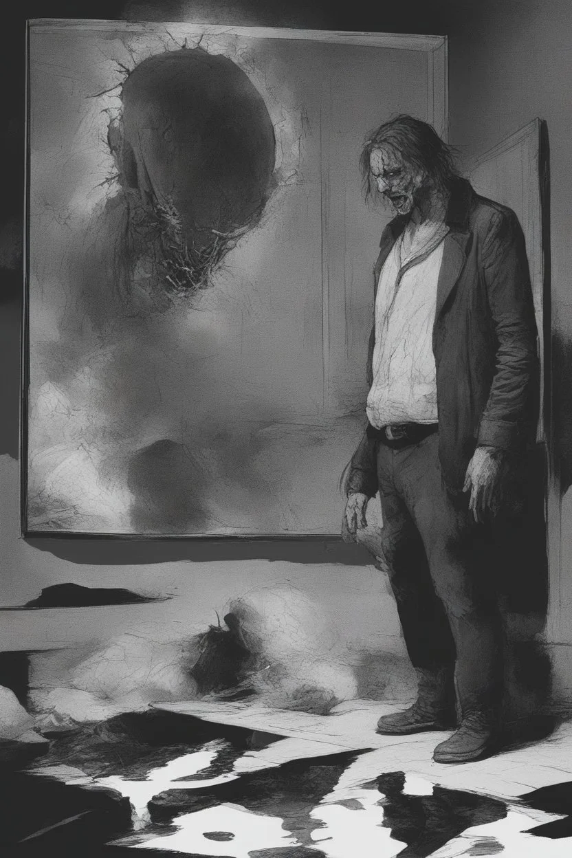 a man looking into a shattered mirror and seeing a horrifyingly smeared and deranged monster in his reflection