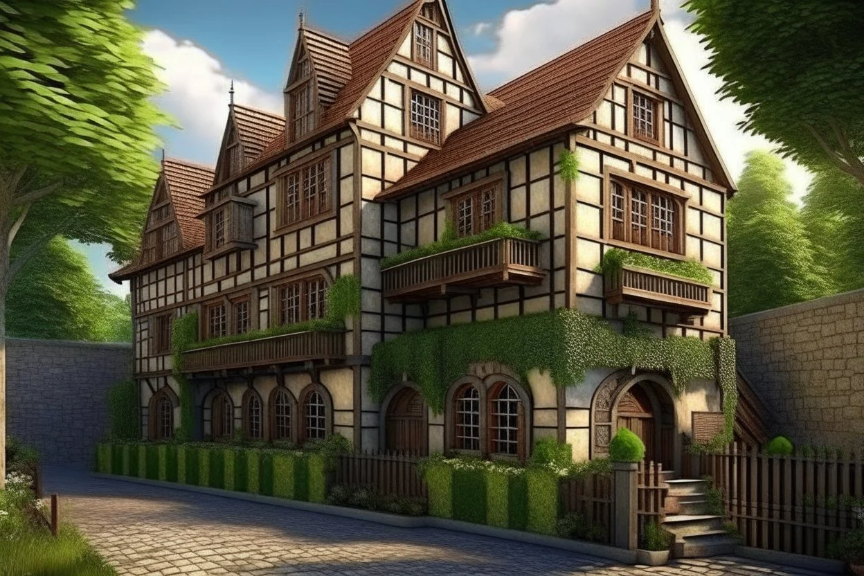 large medieval gothic inn, with a balcony, next to a sloping, cobbled road, surrounded by trees with dense foliage, photo-realistic