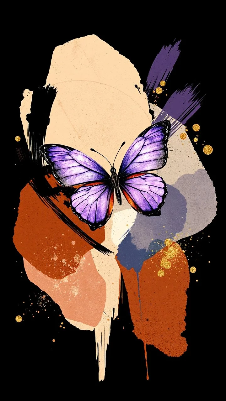 "Create an abstract artwork featuring soft purple metallic butterfly , overlapping shapes in earthy tones like beige, rust, and navy. Incorporate sweeping black brushstrokes, textured golden accents and glitters, and subtle splatter effects to add depth and movement. The design should evoke a sense of modern elegance and organic flow. ON BLACK BACKGROUND