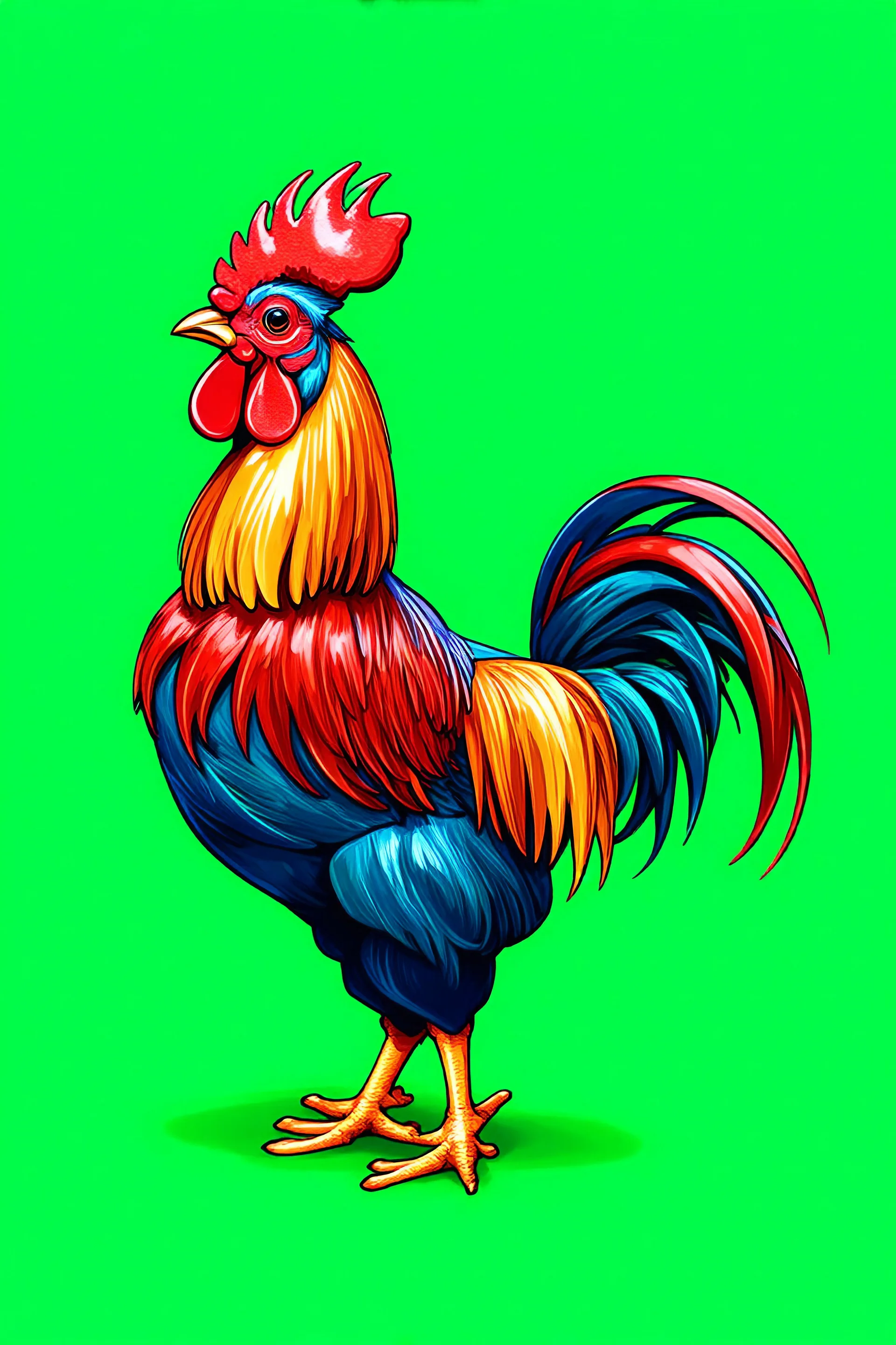 Buatkan saya gambar ayam jago warna warni, postur tubuh gagah, background hijau dengan format png