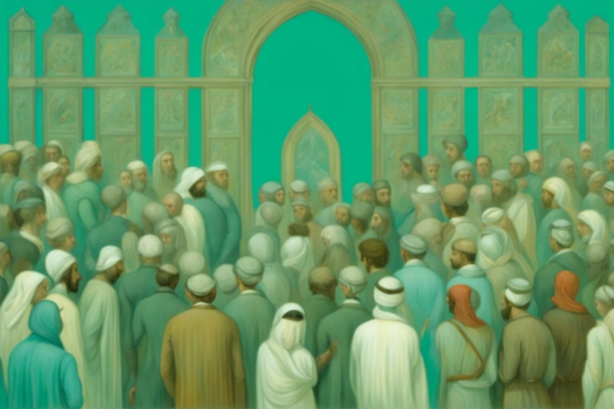 a group of people outside a gothic_arab glass gate in a turquoise wall by artist "Richard Dadd",by artist "de Chirico", highly detailed