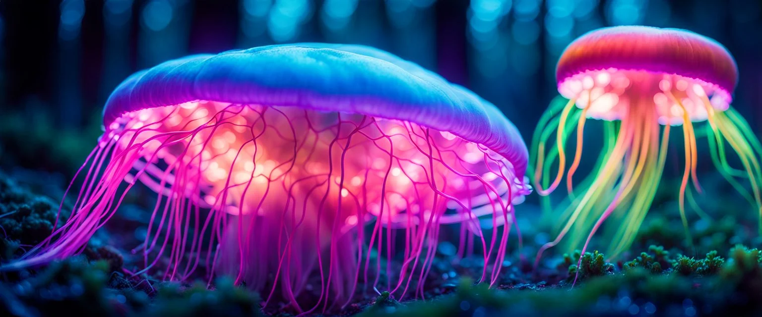 microscope bio luminous Rainbow floating JellyFish, fungal, light floating in a forest, mist, light trails, nighttime,long exposure, Treeline, Alberta, scientist, Dystopian, Hyper detailed, Realistic, Extreme depth of field, bokeh blur, Alberta all-natural, National Geographic, in the style of candid, imperfection, natural lighting, cinematic, Fuji Film, Anamorphic lens, 2040s, --ar 4:5 --w 150 --style raw