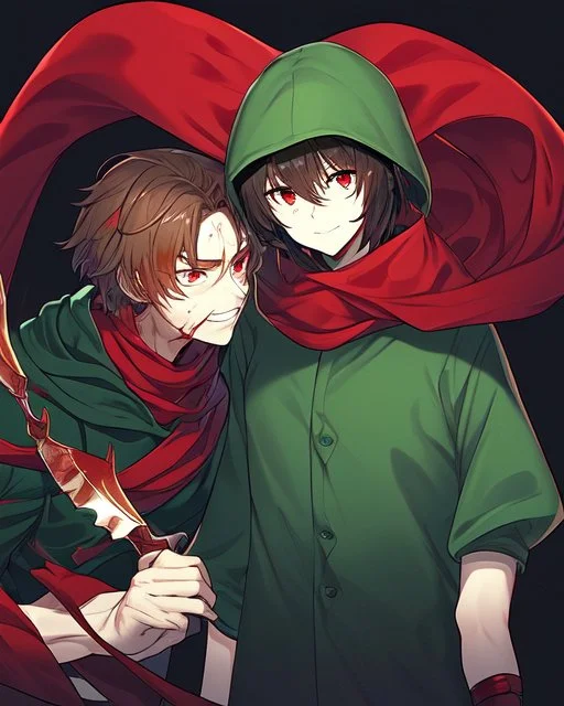 Wearing a green hood, short brown hair, glowing red eyes, blood on his cheek, dark background reminiscent of a nightmare, Psychopathic smile while holding a red knife, wears a red scarf, facing the screen showing only his face and neck, Man, art style: Anime manga.