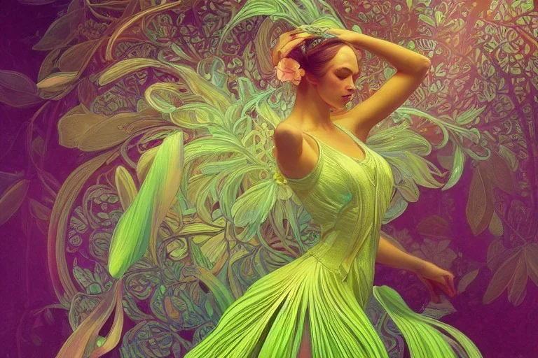 gardenia flowers, colorful, psychedelic, intricate, elegant, highly detailed, digital painting, artstation, concept art, smooth, sharp focus, illustration, art by artgerm and greg rutkowski and alphonse mucha, ballerina, neon green