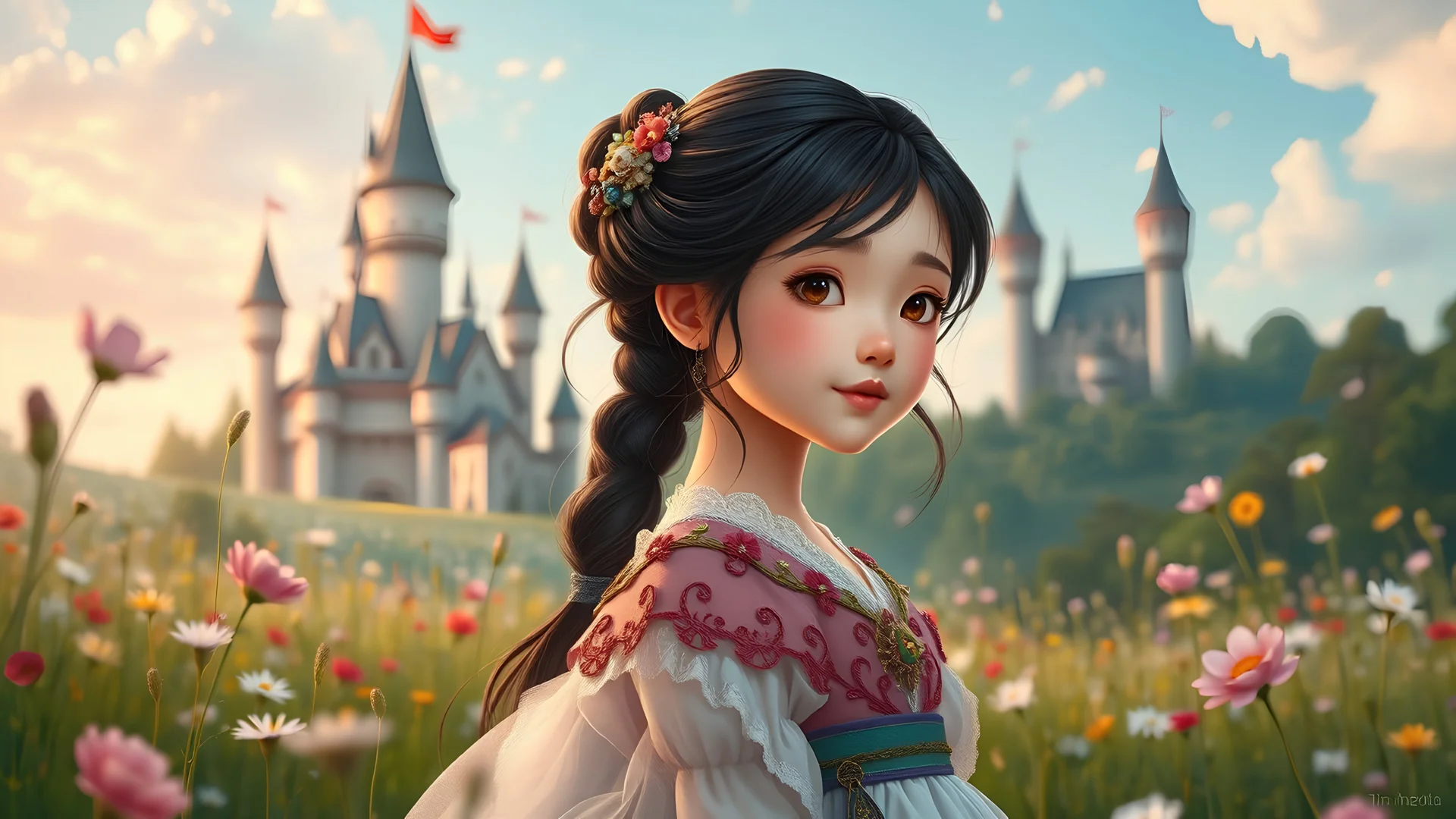 An adorable fairytale Asian princess girl in a meadow with flowers behind a castle, Medieval gown, dark hair, 8k, high quality, trending art, trending on artstation, sharp focus, studio photo, intricate details, highly detailed, by tim burton