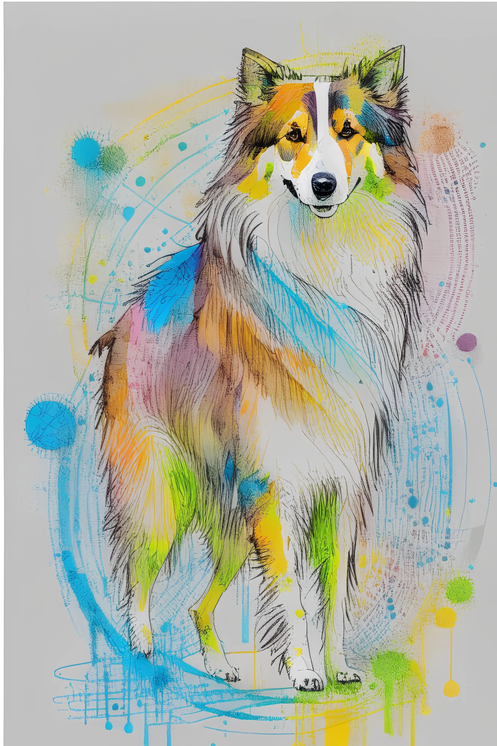 Abstract wet watercolour of a rough collie, ink lines, interlinked circles,detailed