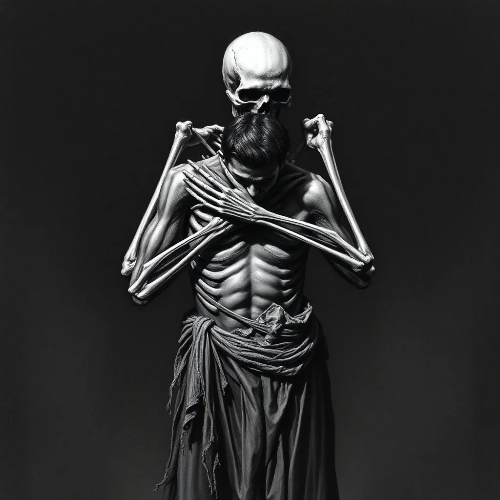 The image is a dark, haunting, monochromatic artwork that portrays a skeletal figure embracing or overpowering a human-like strong male figure. The skeletal entity looms from behind, its bony arms wrapped around the human, who appears to be partially draped in tattered cloth and in a state of despair or submission. ...
