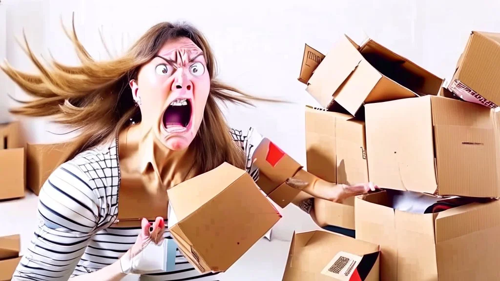 woman starts frantically tearing apart all the boxes and packaging