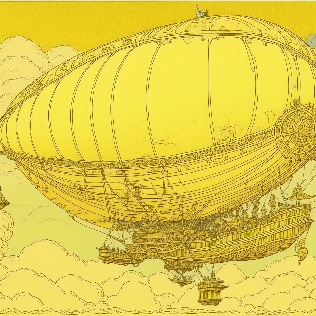 A light yellow sky with an airship designed in Chinese paper art painted by Paul Ranson